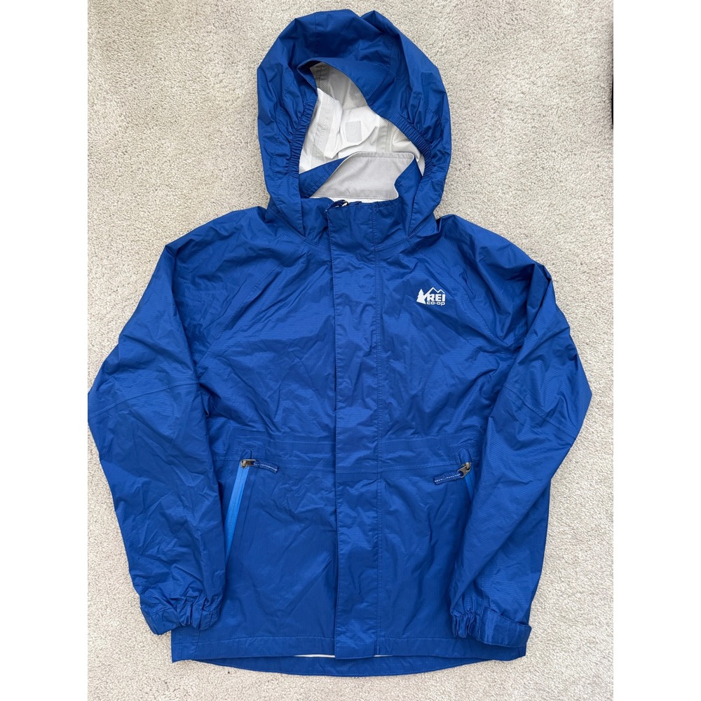 REI Co-op Kids Blue Rain Jacket Hooded Waterproof Shell Size M 10-12